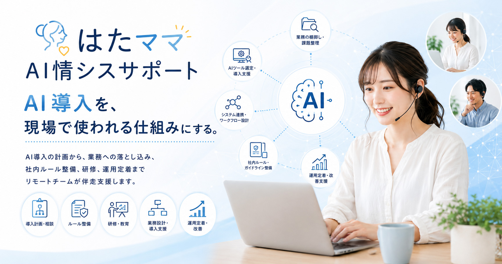 AI導入を、現場で使われる仕組みにする。
AI導入の計画から、業務への落とし込み、社内ルール整備、研修、運用定着までリモートチームが伴走支援します。
